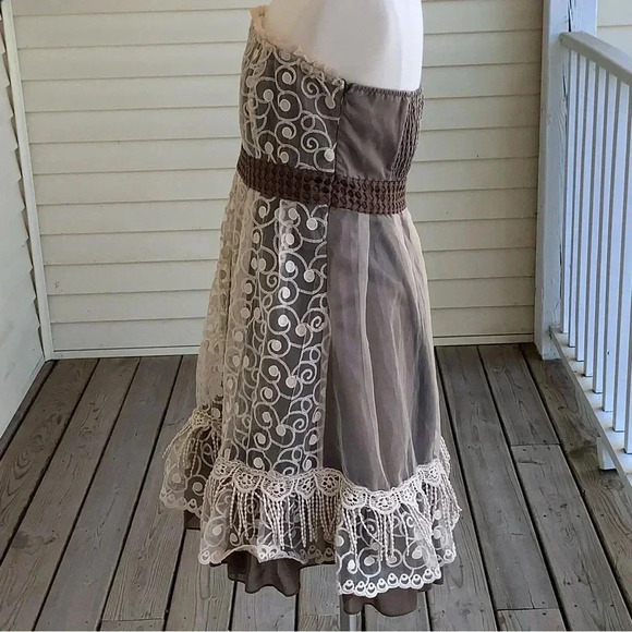 Ryu Anthroplogie Sleeveless Dress Brown With Camel Lace Overlay Fringe Sz Large - Picture 3 of 9